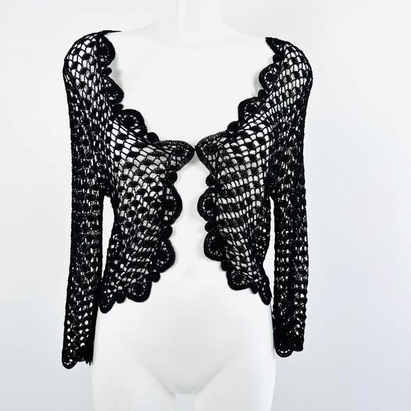 Vintage 90s Y2k Crochet Knit Shrug cropped Cardigan UK 10 12 Black Gothic Witch - Picture 6 of 8